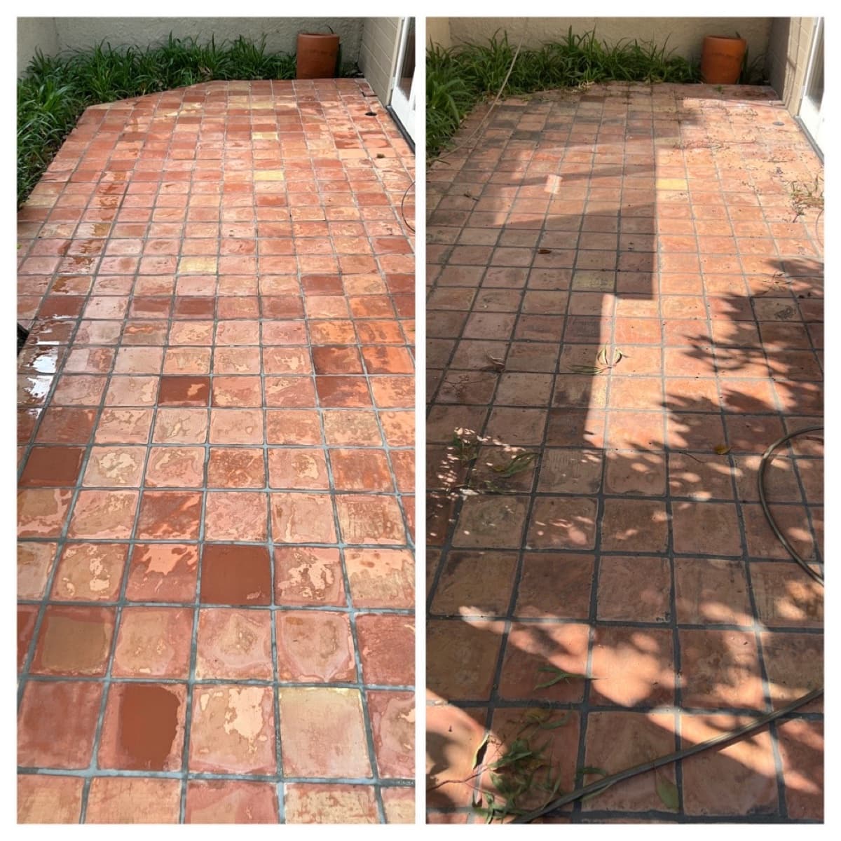 Tile patio cleaning — before and after