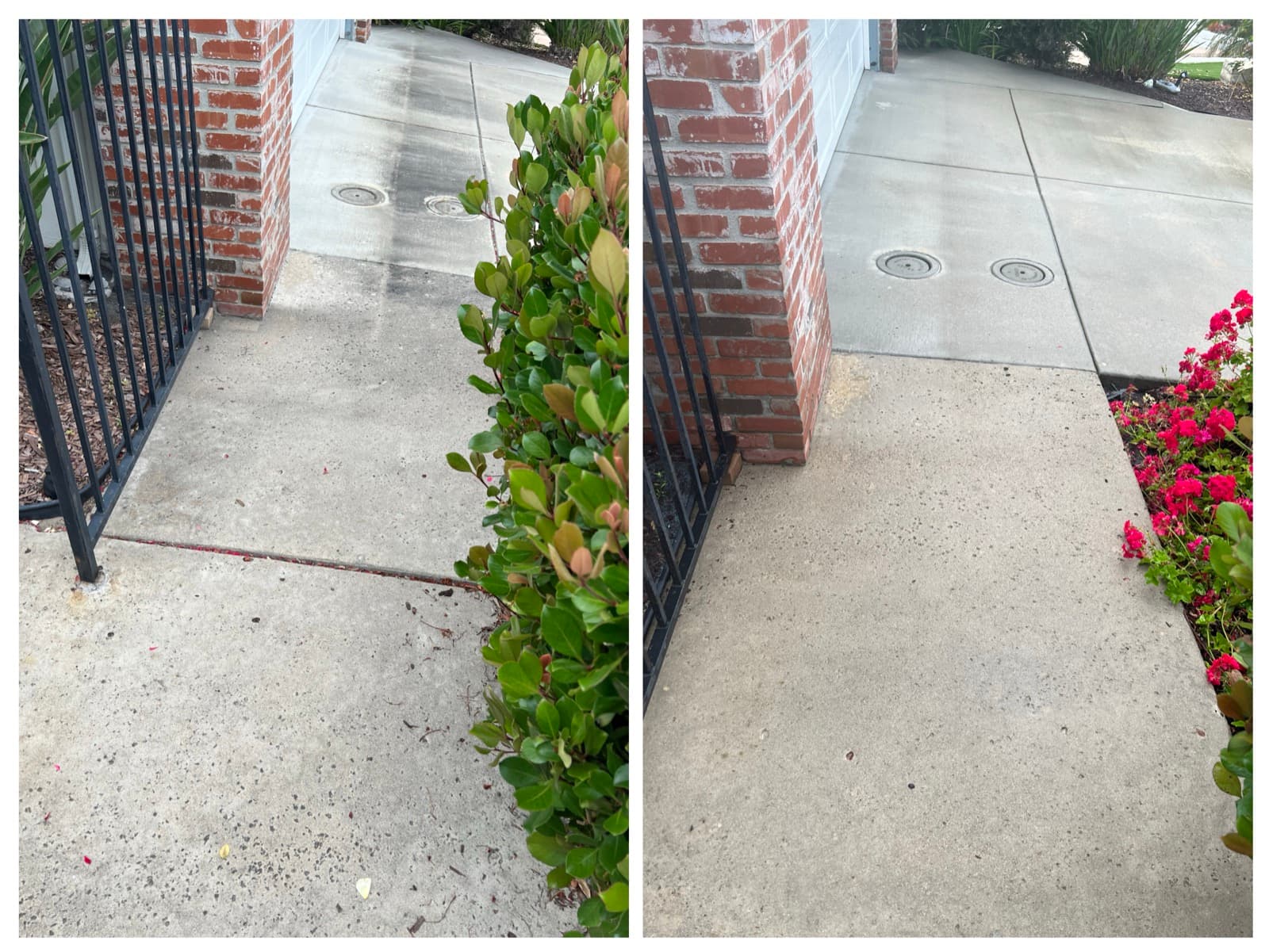 Front entry path and brick column — before and after