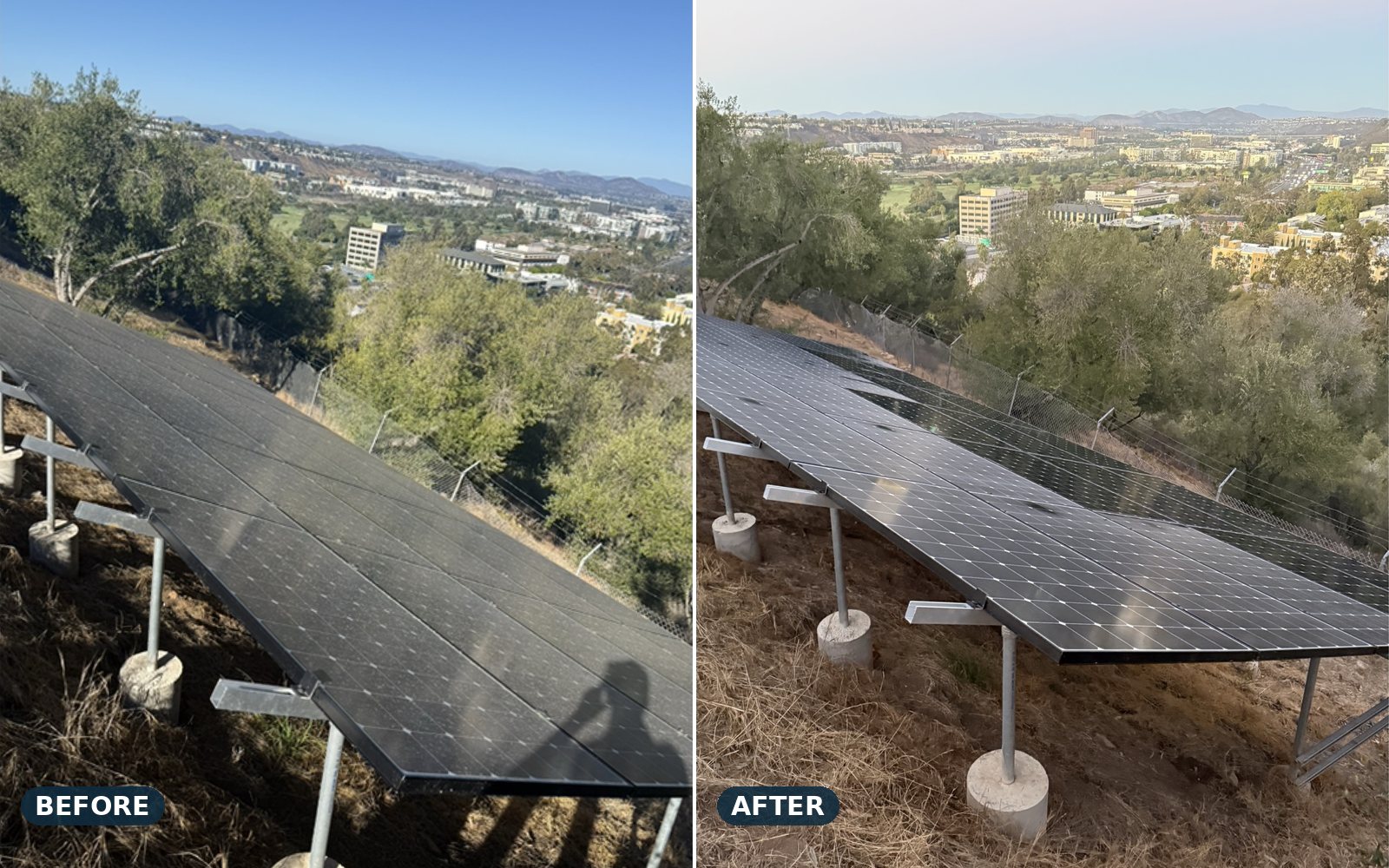 Ground-mounted solar array, before and after
