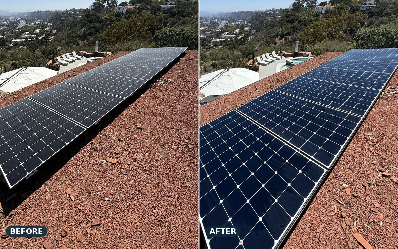 Flat-roof solar panels, before and after