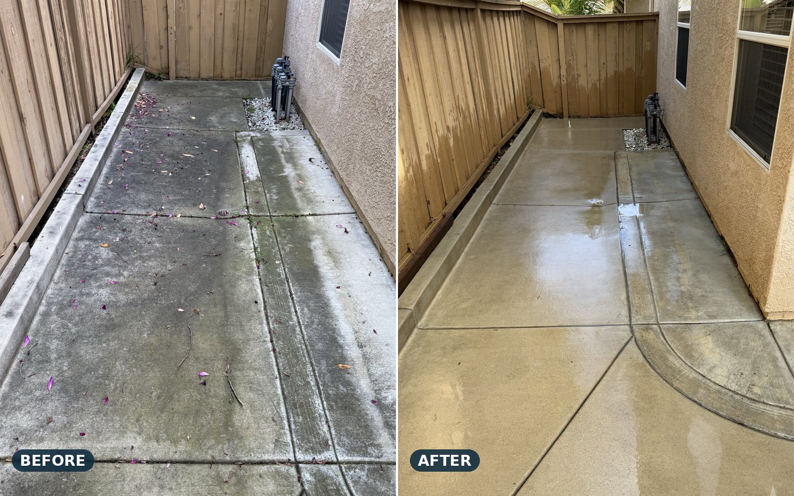 Side-yard concrete and fence, before and after