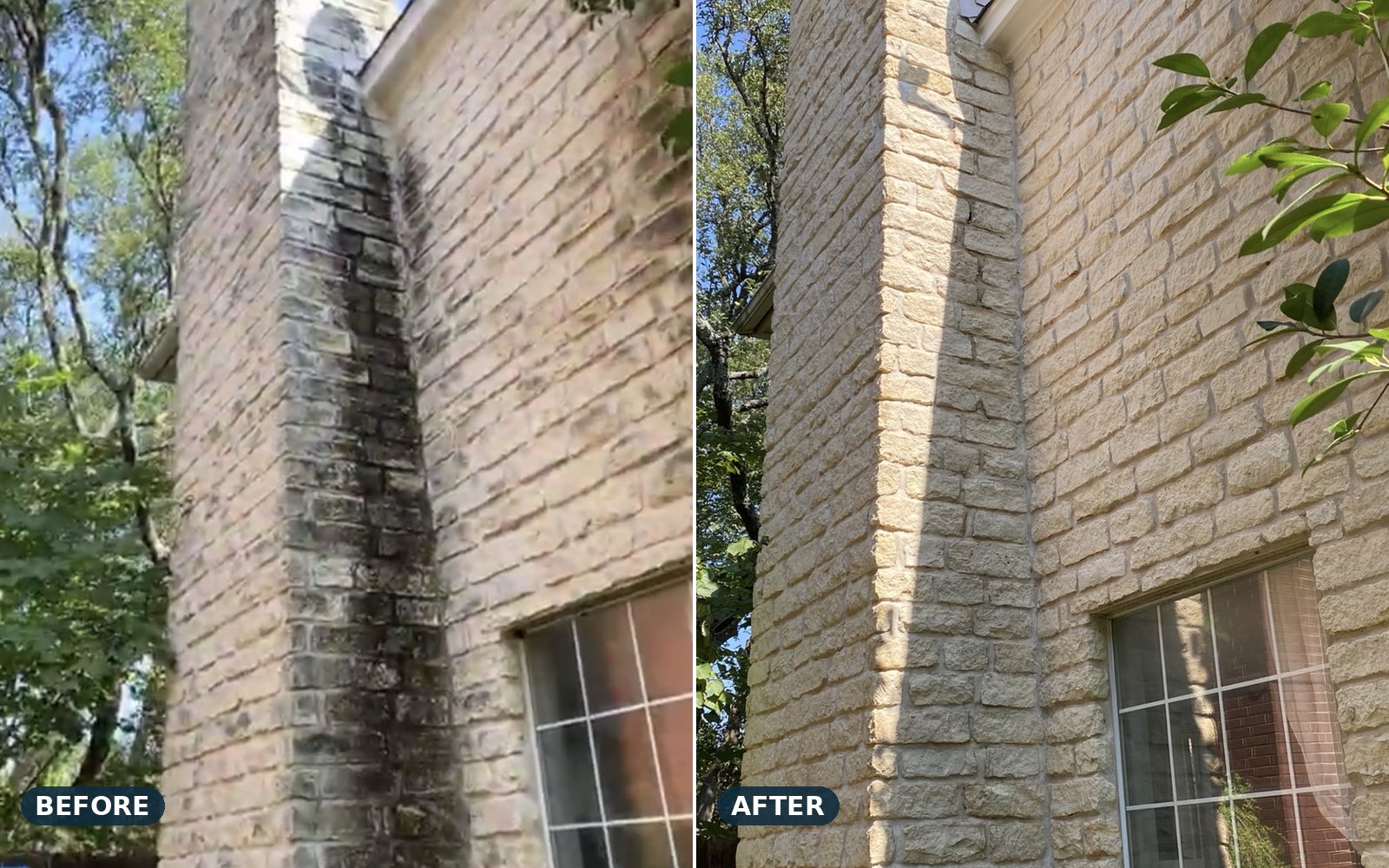 Stone chimney and wall, before and after