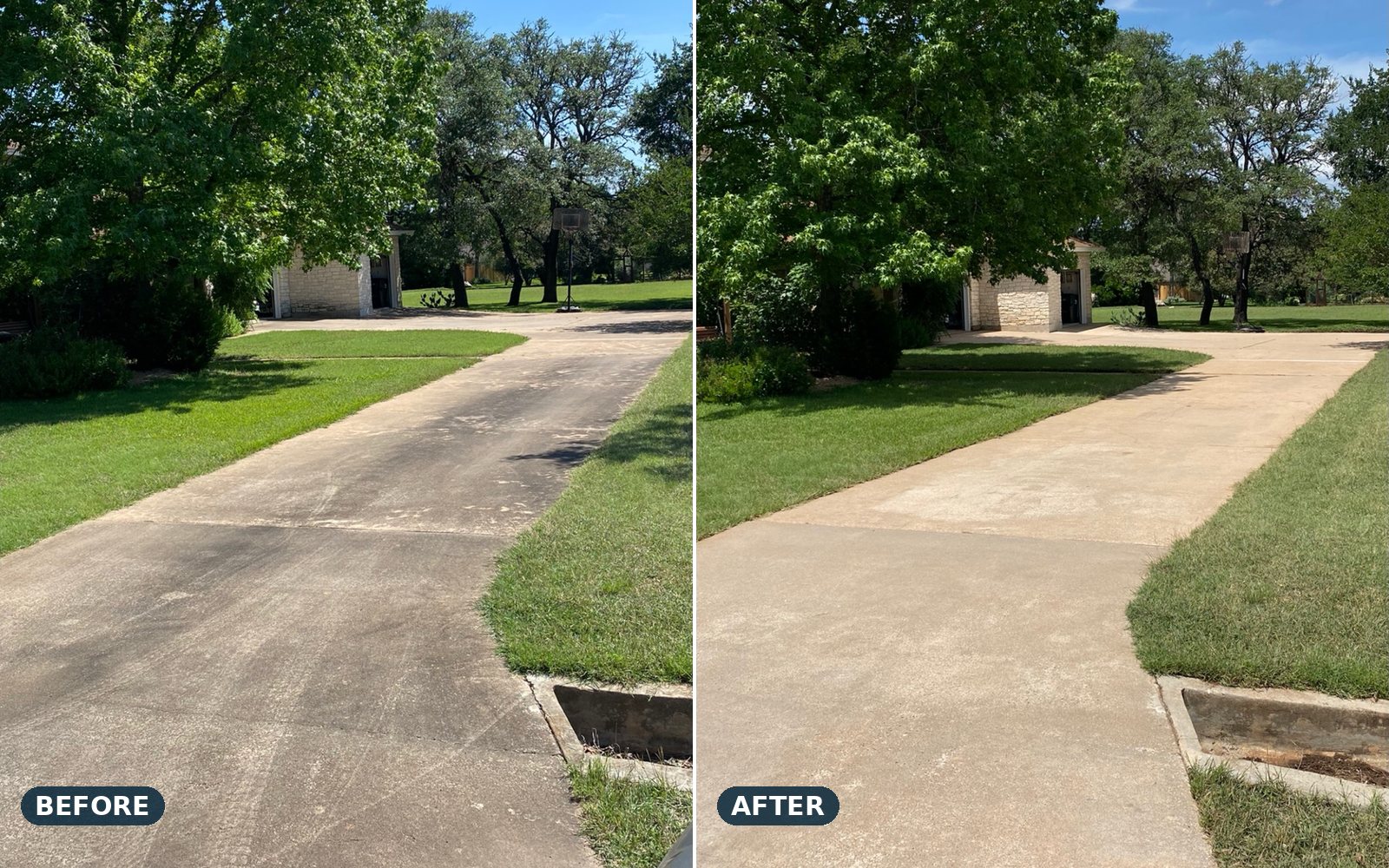 Long concrete driveway, before and after