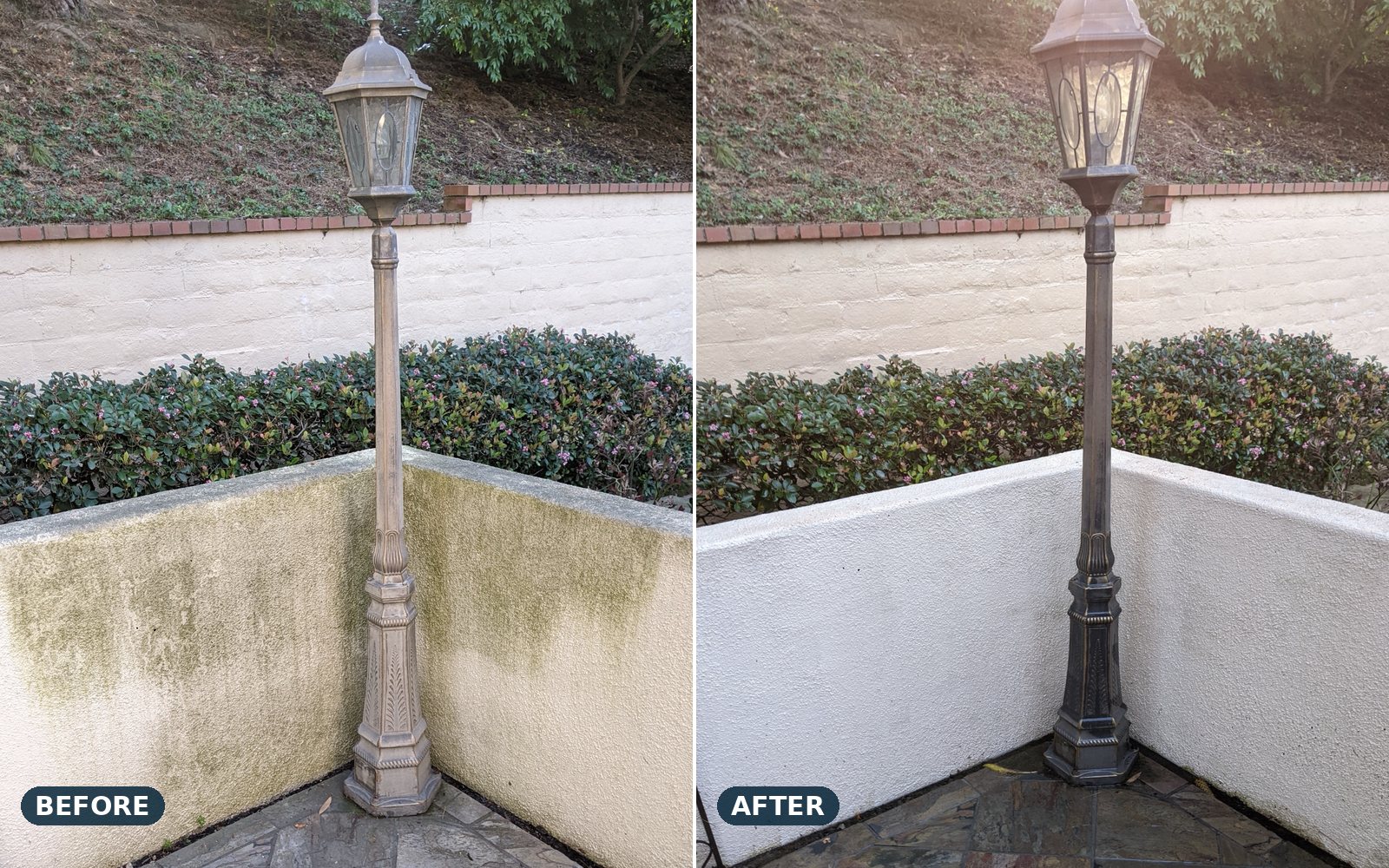 Stucco wall and lamp post, before and after