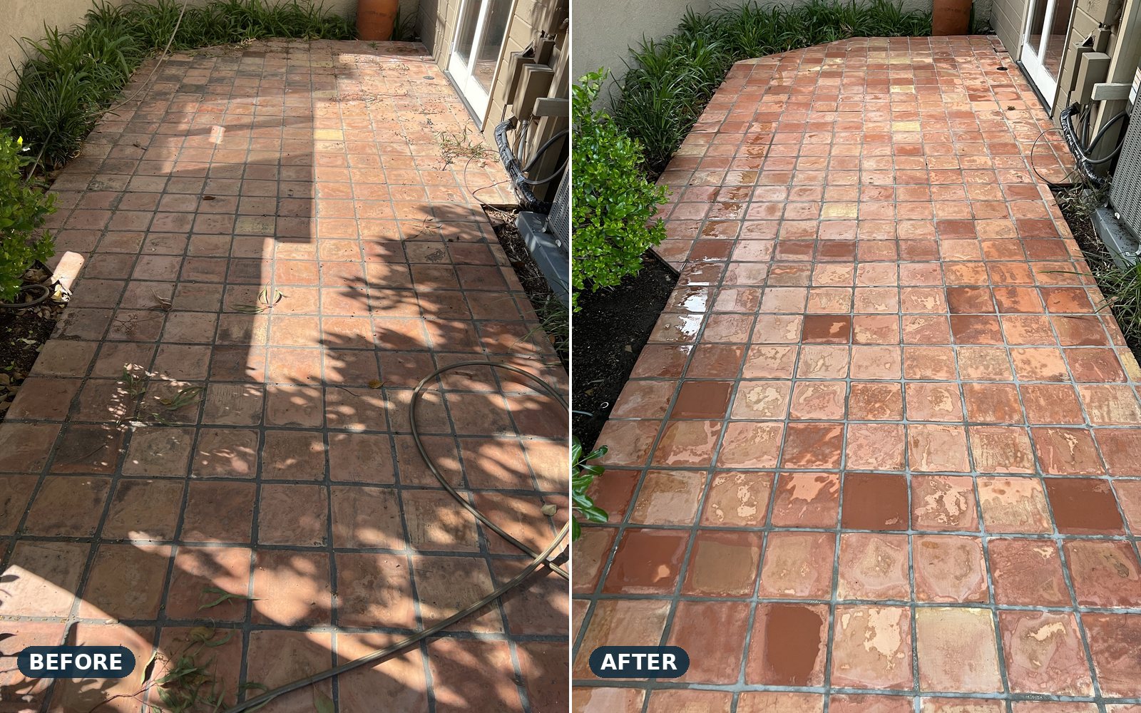 Terracotta tile patio, before and after