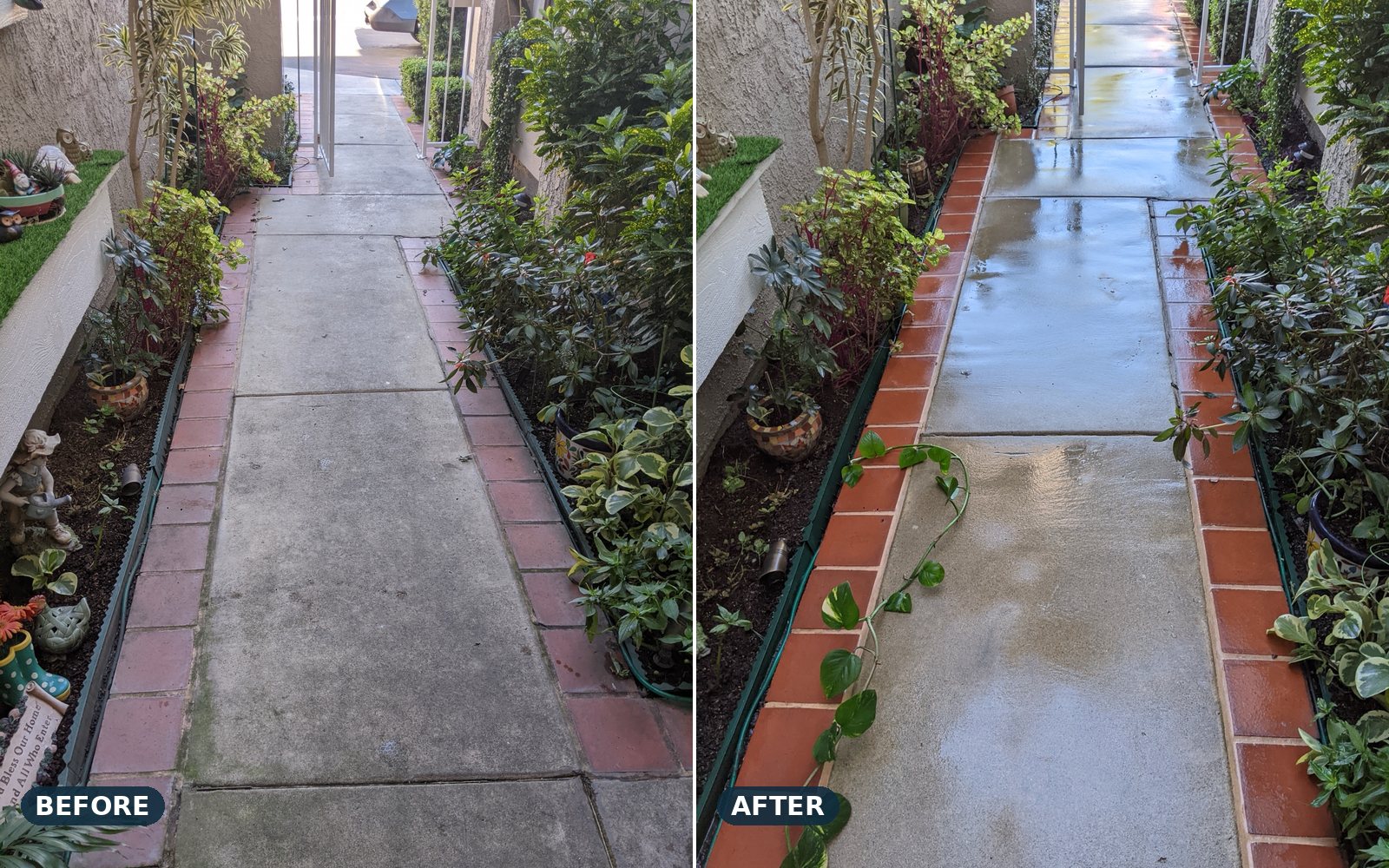 Garden walkway with brick border, before and after